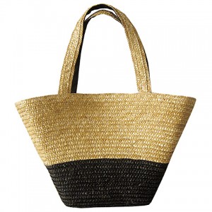 Straw Tote – 12 PCS Woven Wheat Straw Tote - 2 Tones - Black - BG-R11052BK